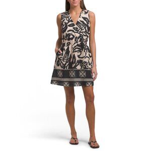 FRANCESCA BETTI  Italy Linen Blend Sleeveless Border Print Dress